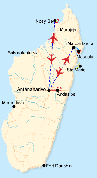 Map of the Jungle-Beach holidays in Madagascar starting from Antananarivo to Maroantsetra/Masoala to Nosy Be