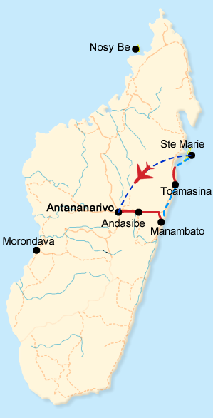 Map of the rainforest and sea holidays in the east of Madagascar including Andasibe and Sainte Marie Island